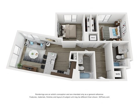 Floor plan for 2 beds, 2 baths, 865 sqft